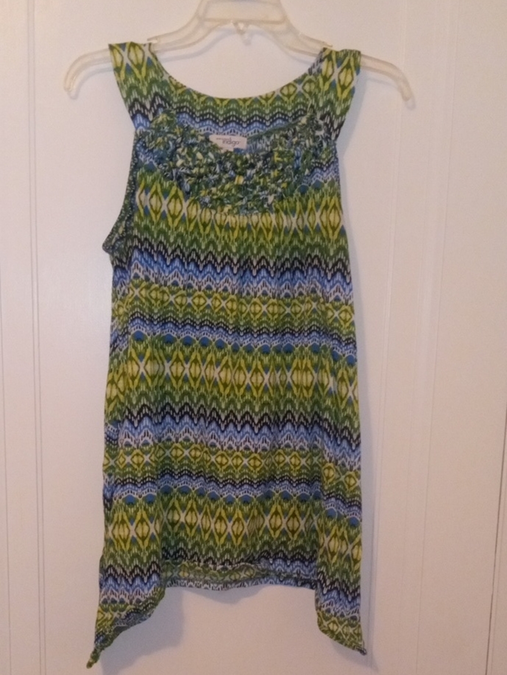 women med tank green white blue print